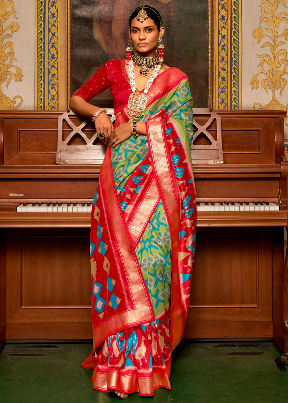 Asparagus Green and Red Patola Silk Saree