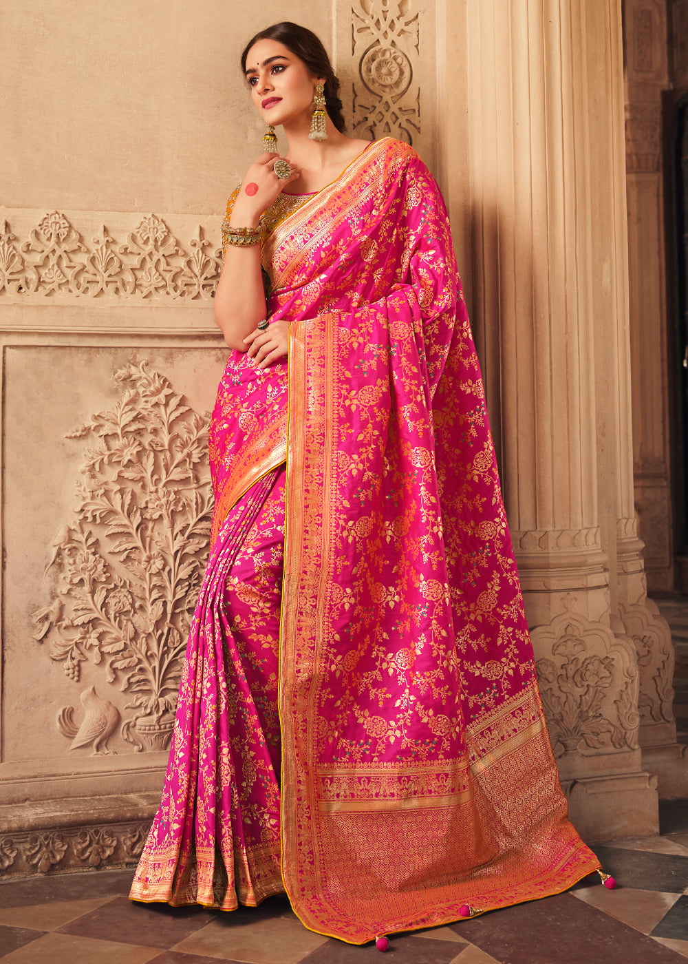 Rose Pink and Yellow Zari Woven Banarasi Saree with Designer Blouse