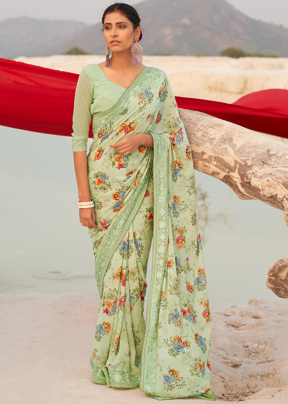 Swamp Green Digital Printed Chiffon Saree