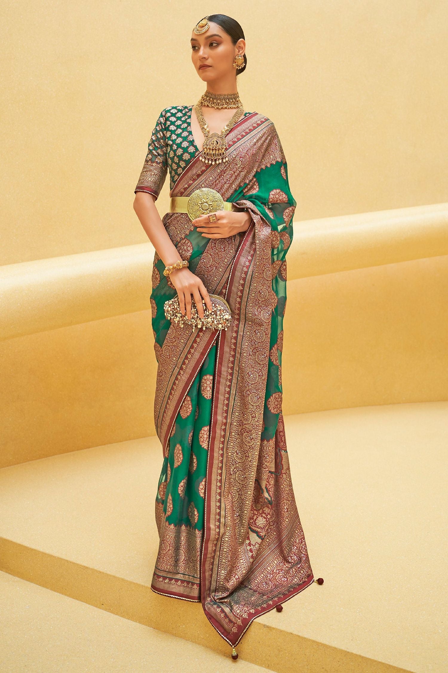 Amazon Green Zari Woven Brasso Organza Saree