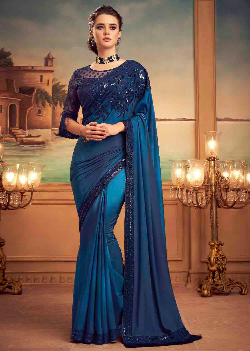 Cello Blue Embroidered Satin Silk Designer Saree