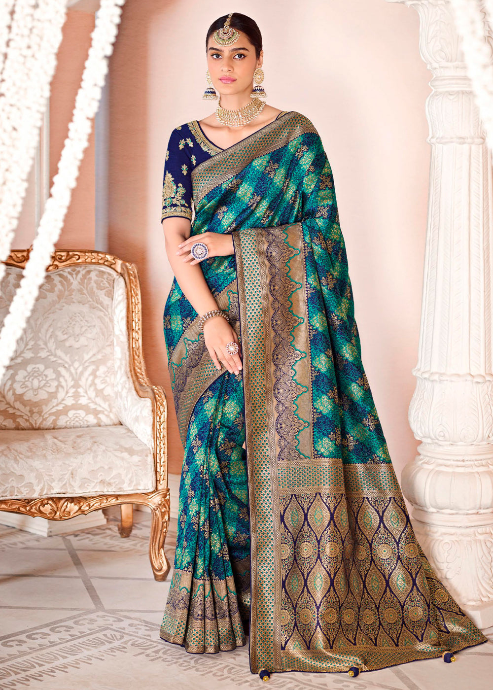 Emerald Green and Blue Zari Woven Banarasi Saree with Designer Blouse