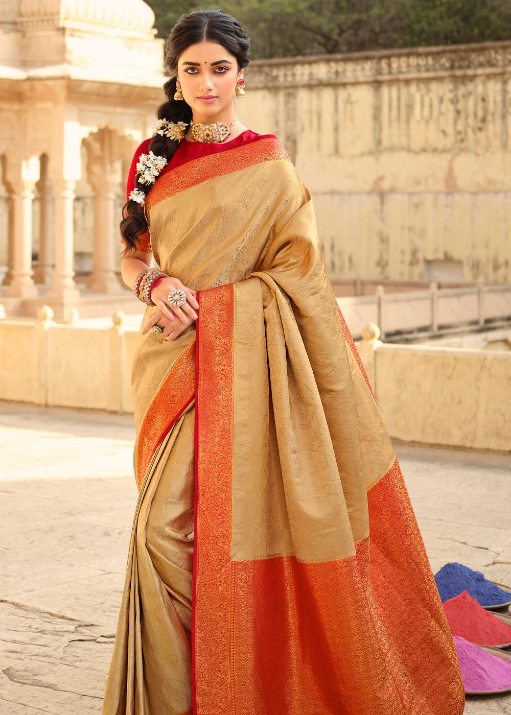 Salomie Cream and Red Zari Woven Kanjivaram Saree