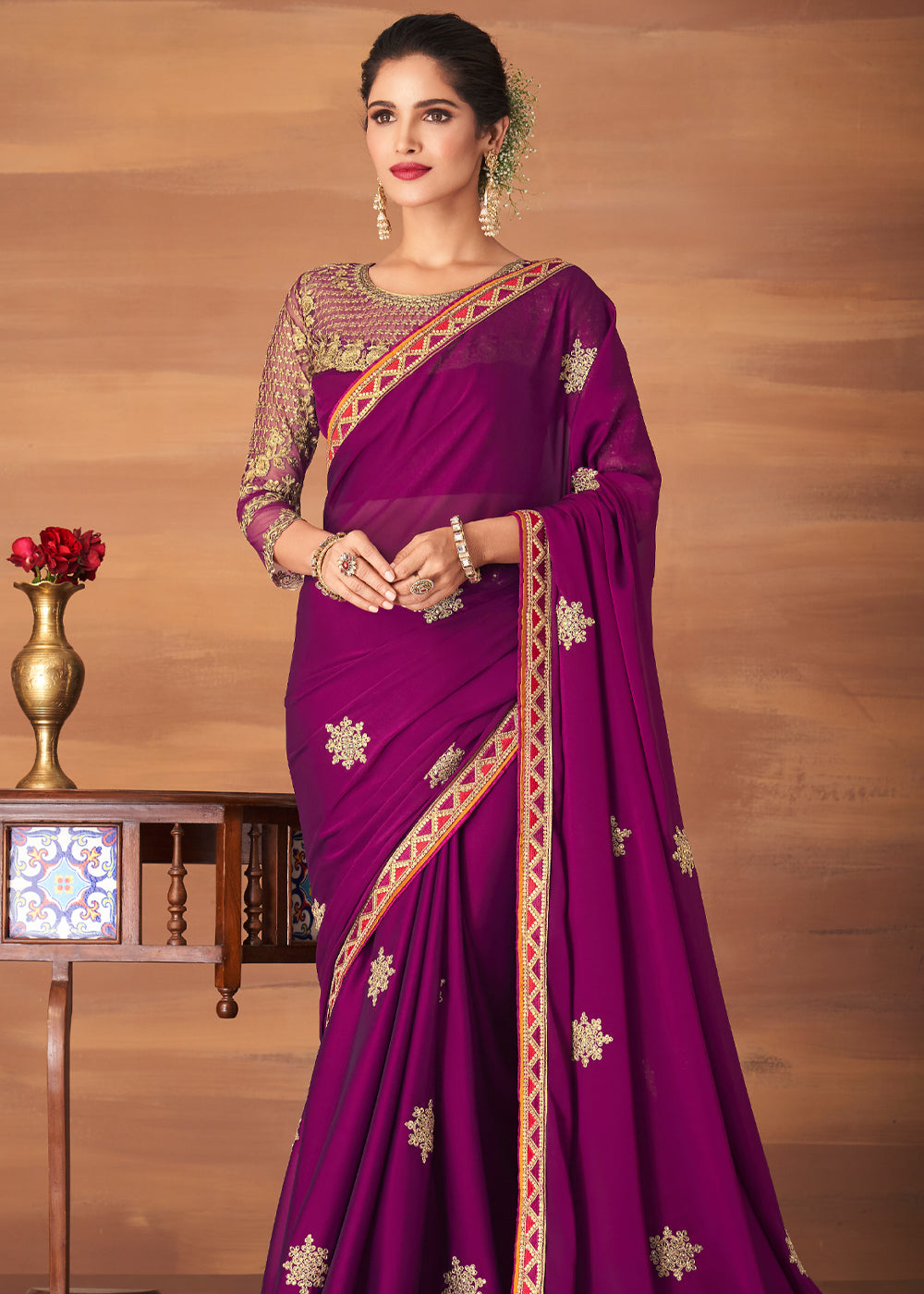 Camelot Purple Designer Saree with Embroidered Blouse