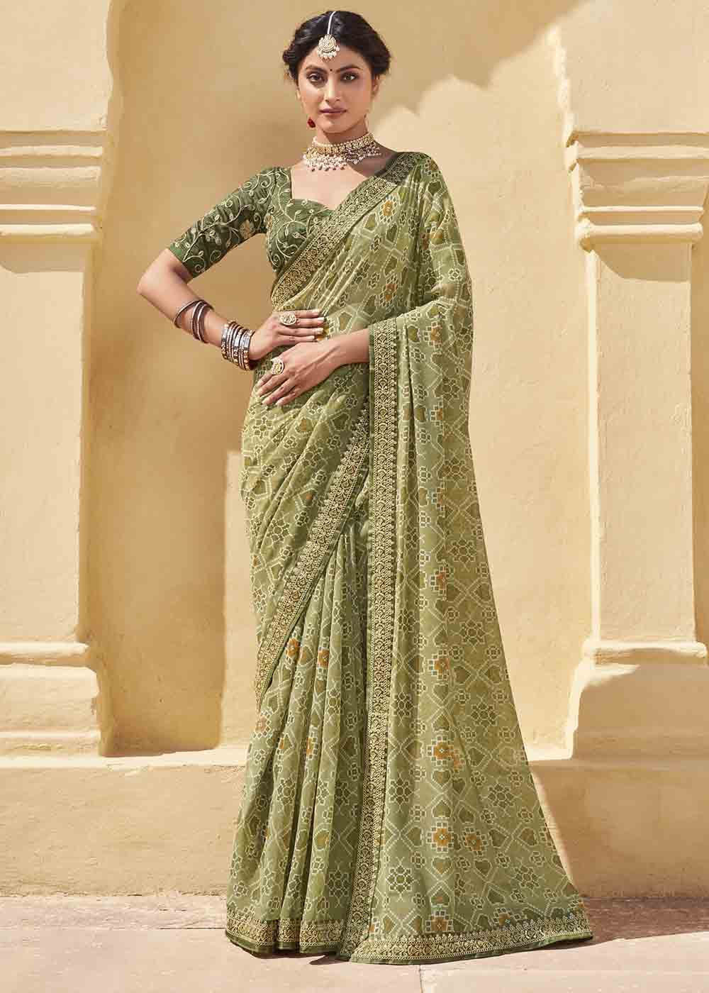 Olive Green Patola Print Georgette Saree With Embroidered Blouse