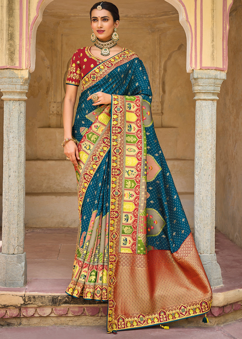 Midnight Blue and Red Embroidered Dola Silk Saree