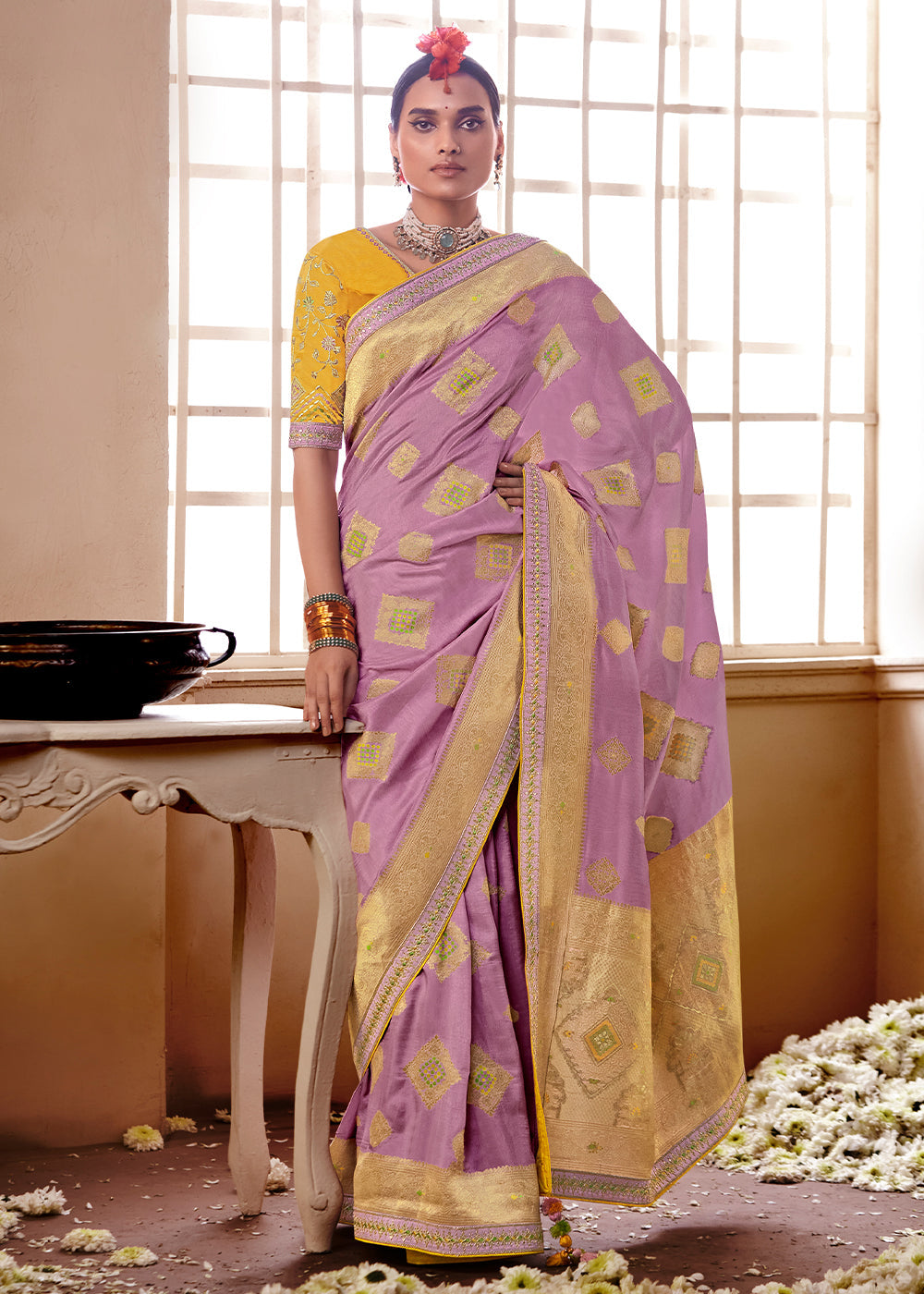 Shocking Purple and Yellow Banarasi Saree with Designer Blouse