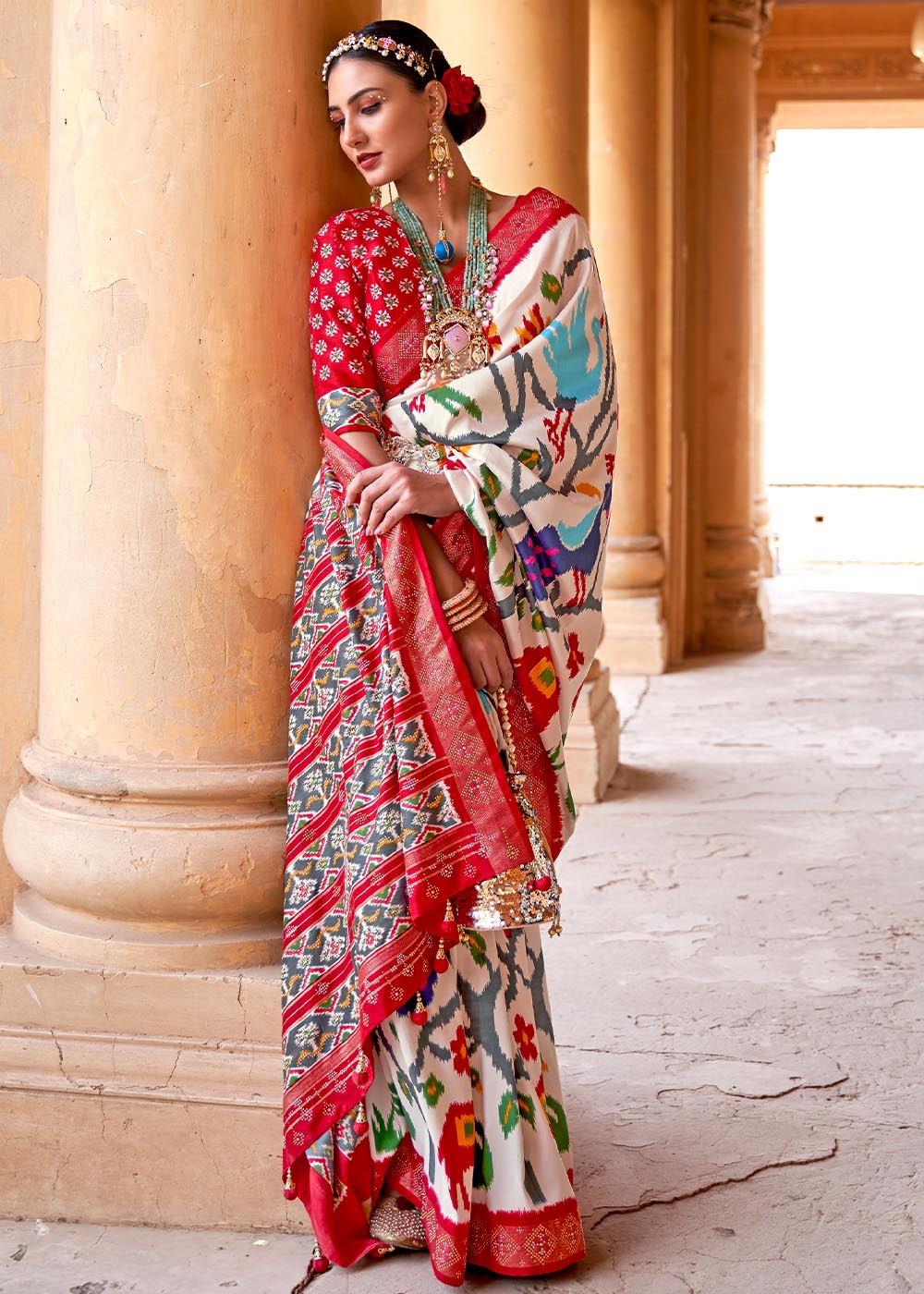 Pearl Bush White and Red Printed Patola Saree