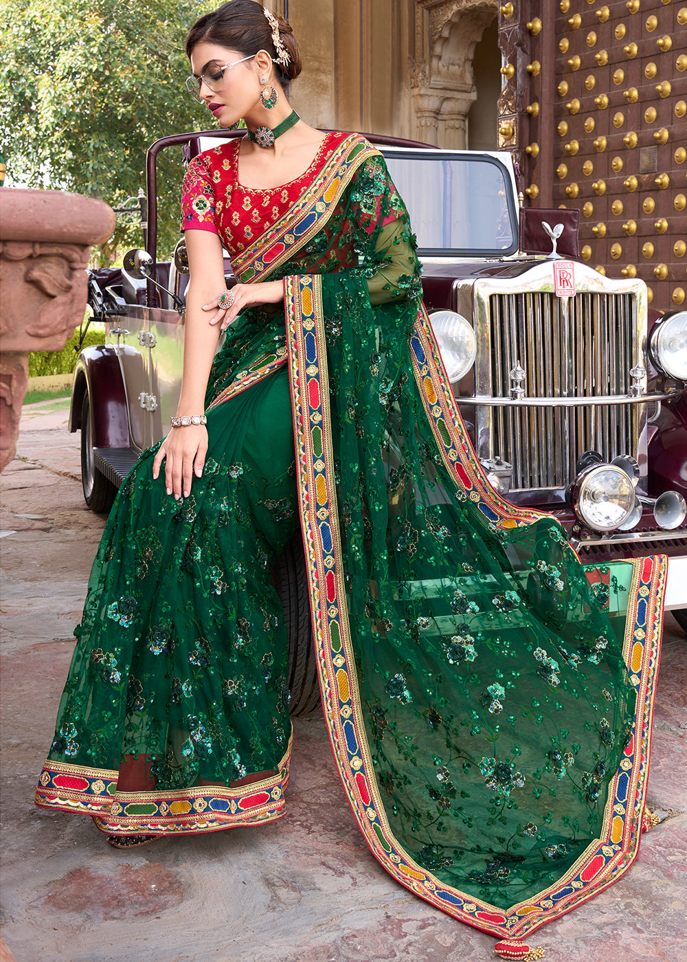 Celtic Green and Red Designer Silk Saree