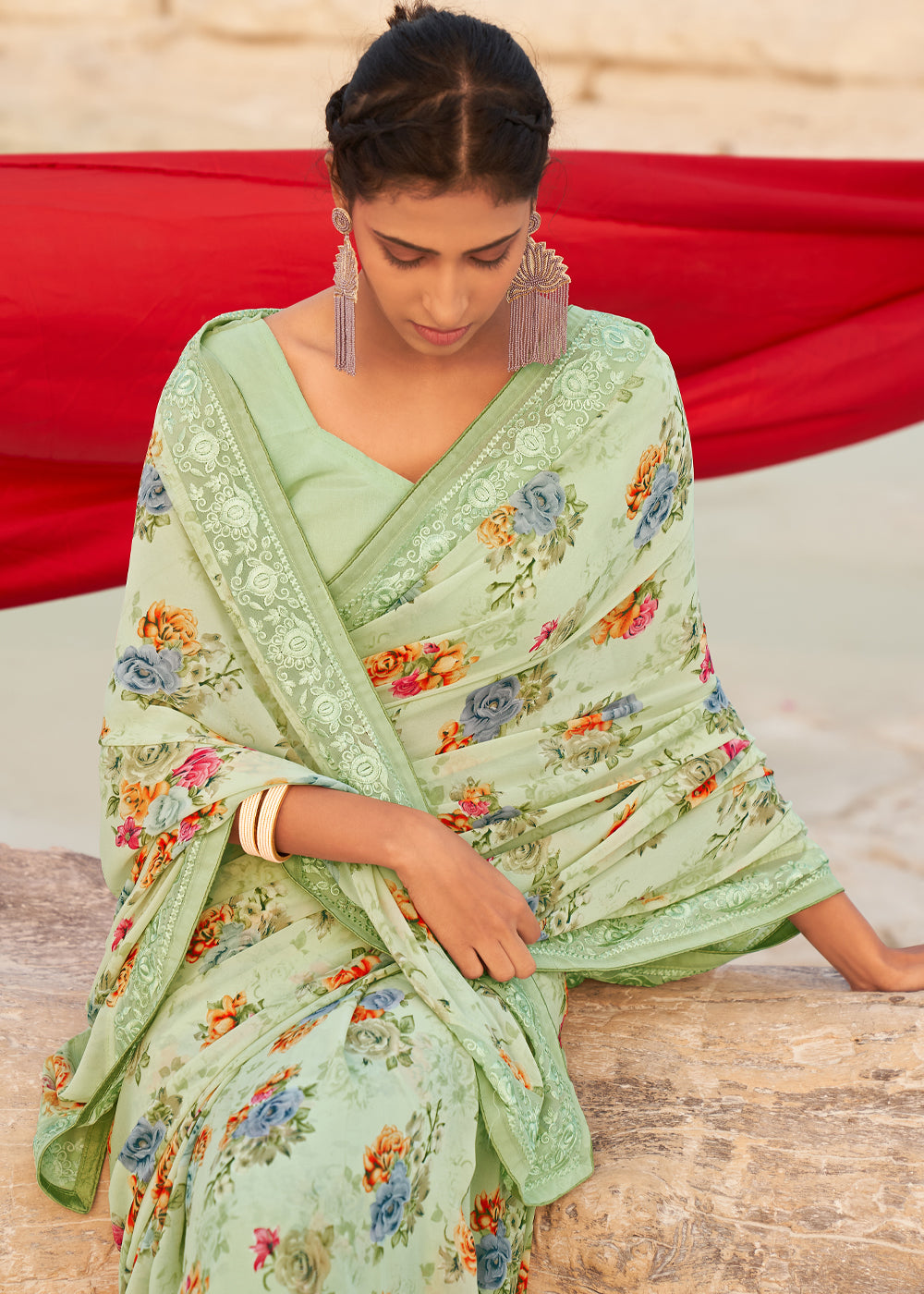 Swamp Green Digital Printed Chiffon Saree