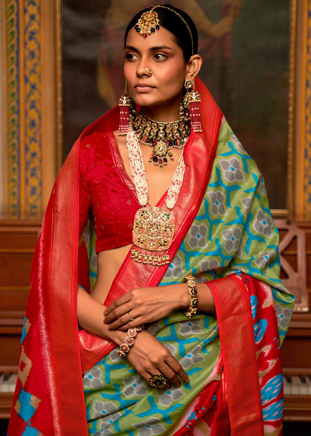 Asparagus Green and Red Patola Silk Saree