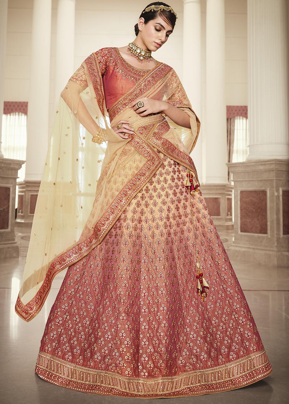 Chocolate Red and Cream Net Designer Lehenga With Heavy Embroidered Work