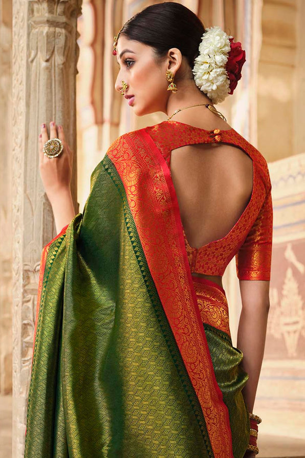 Corn Green and Red Zari Woven Kanjivaram Saree