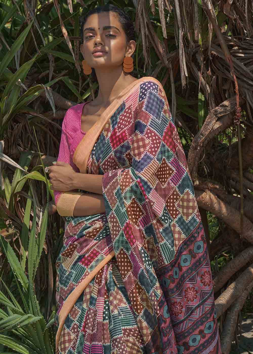 Puce Pink and Blue Printed Cotton Saree