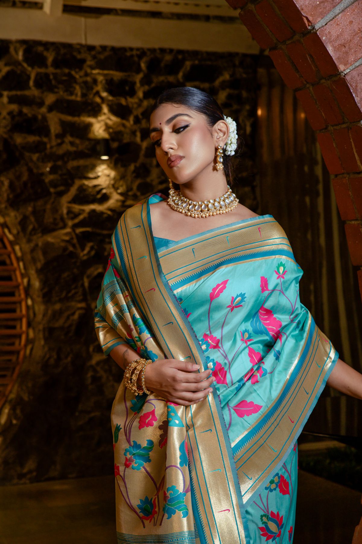 Morning Glory Blue Banarasi Paithani Silk Saree