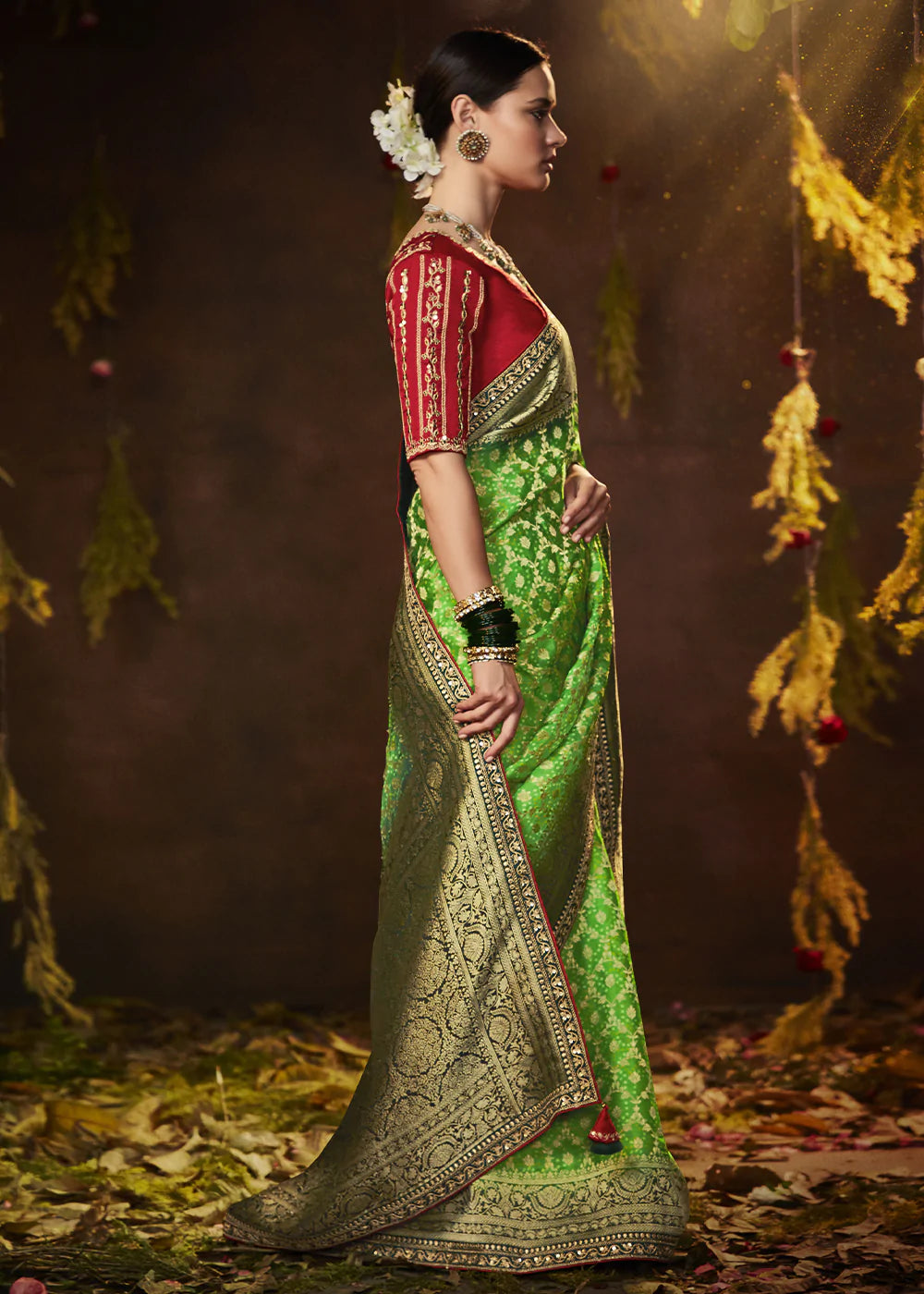 Wild Willow Green Woven Georgette Designer Saree with Embroidered Blouse