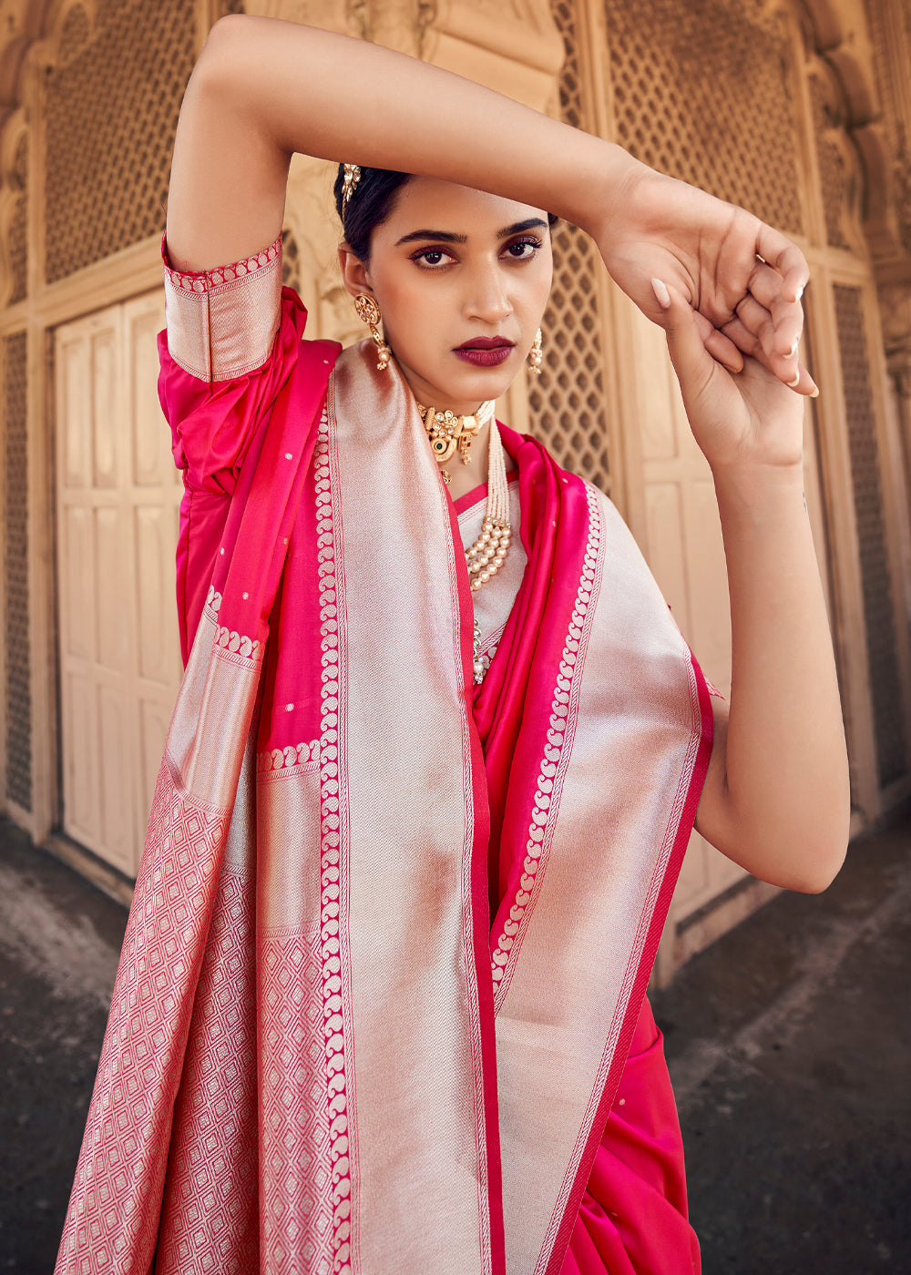 Radical Pink Woven Banarasi Satin Silk Saree