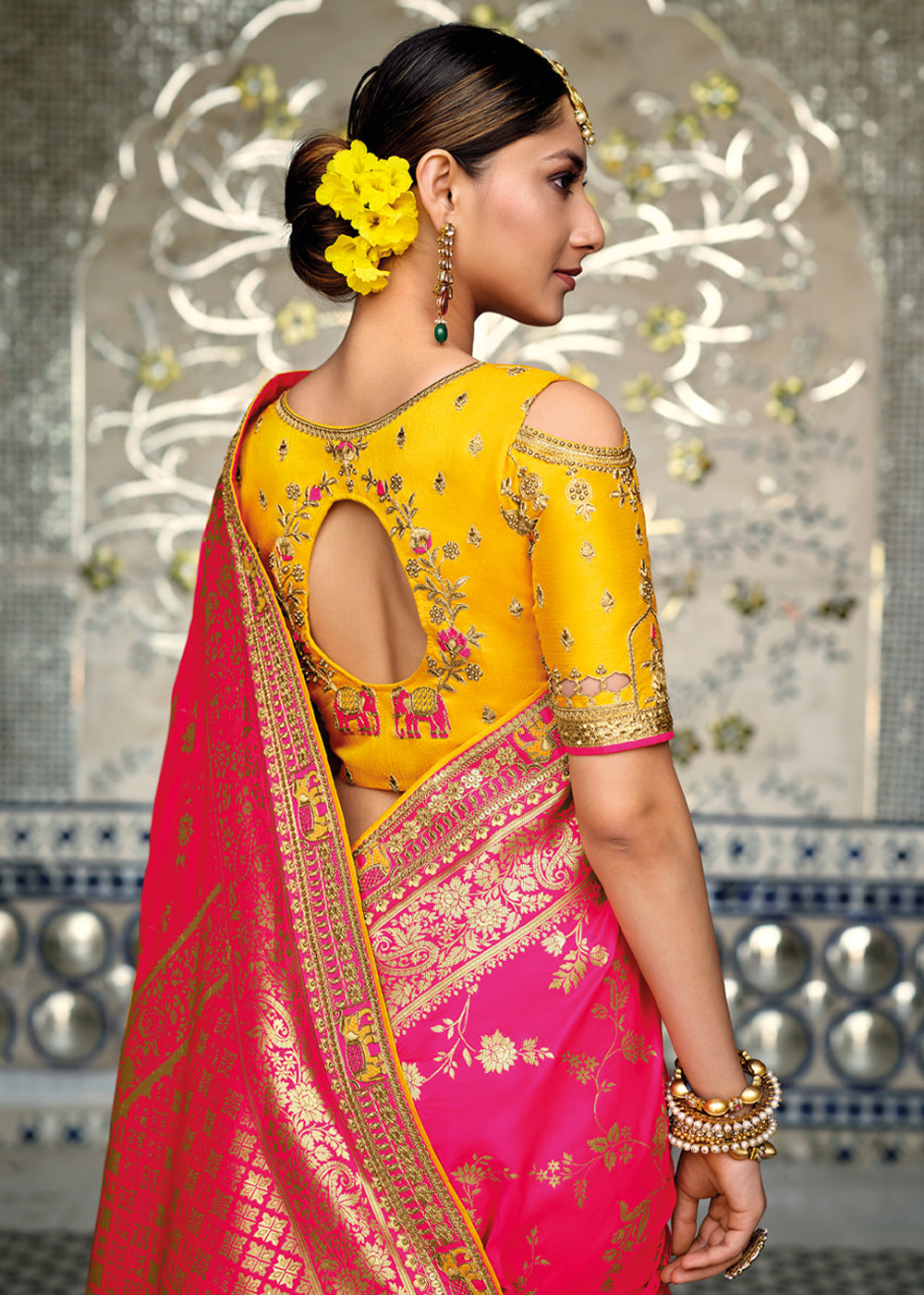 Canary Yellow & Pink Zari Woven Designer Banarasi Saree