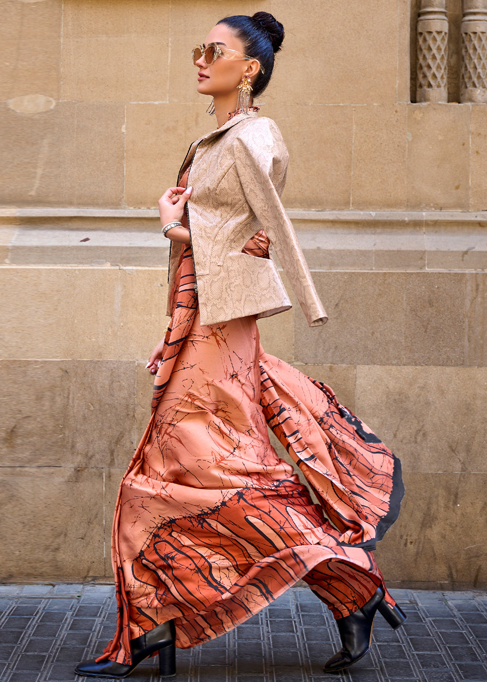 Raw Sienna Brown Printed Satin Crepe Sarees