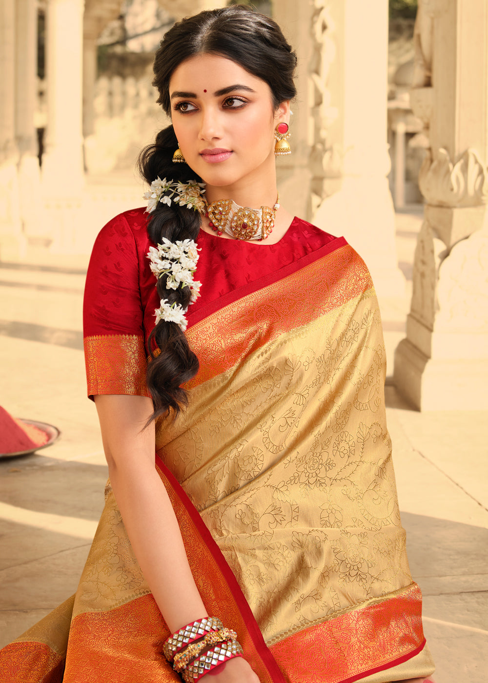 Salomie Cream and Red Zari Woven Kanjivaram Saree