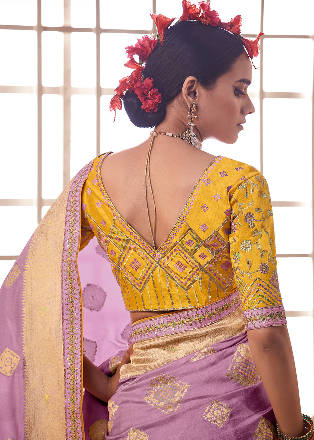 Shocking Purple and Yellow Banarasi Saree with Designer Blouse