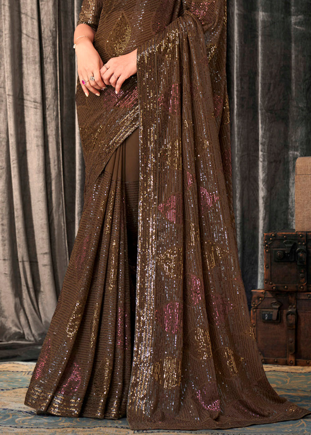 Millbrook Brown Sequins Embroidered Designer Georgette Saree