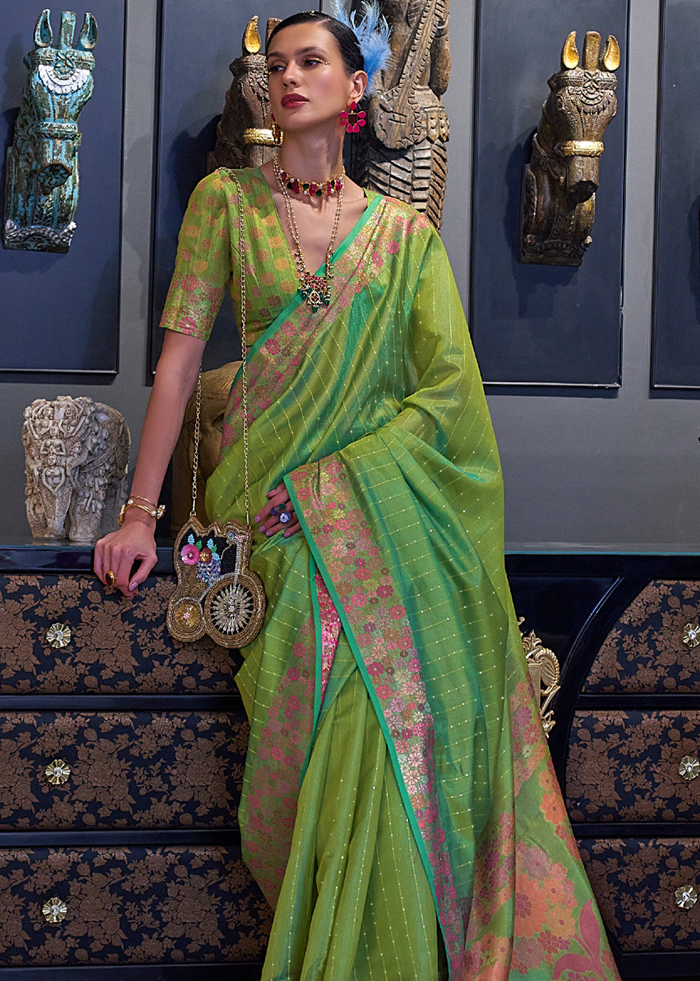 Olivine Green Woven Dual Tone Organza Banarasi Silk Saree