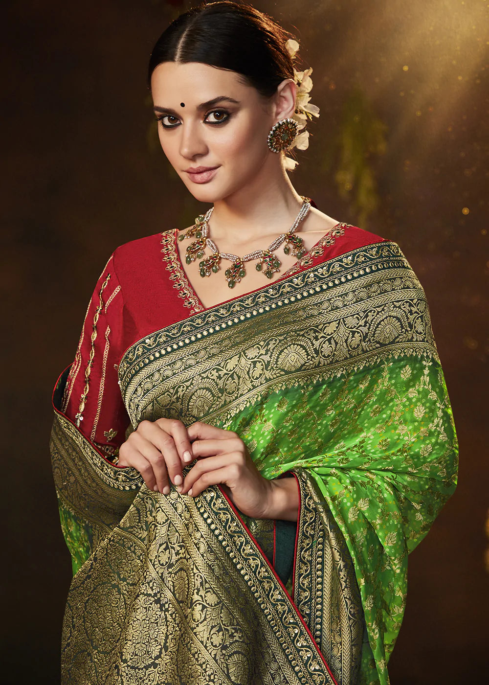 Wild Willow Green Woven Georgette Designer Saree with Embroidered Blouse