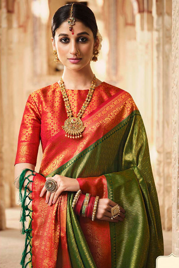 Corn Green and Red Zari Woven Kanjivaram Saree