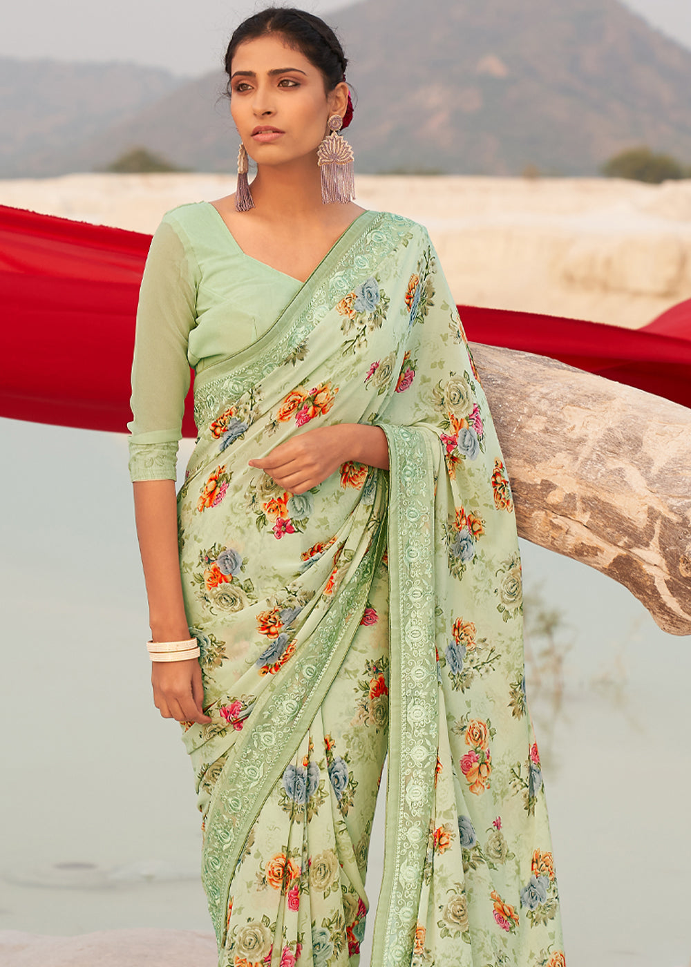 Swamp Green Digital Printed Chiffon Saree