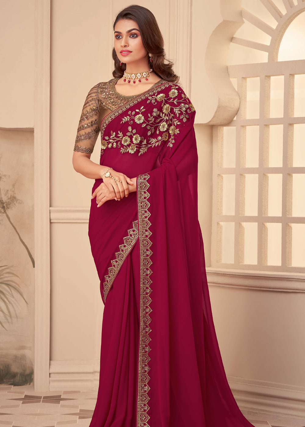 Night Shadz Maroon Georgette Designer Saree with Embroidered Blouse