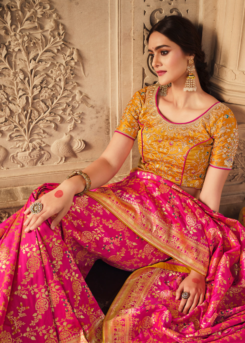 Rose Pink and Yellow Zari Woven Banarasi Saree with Designer Blouse