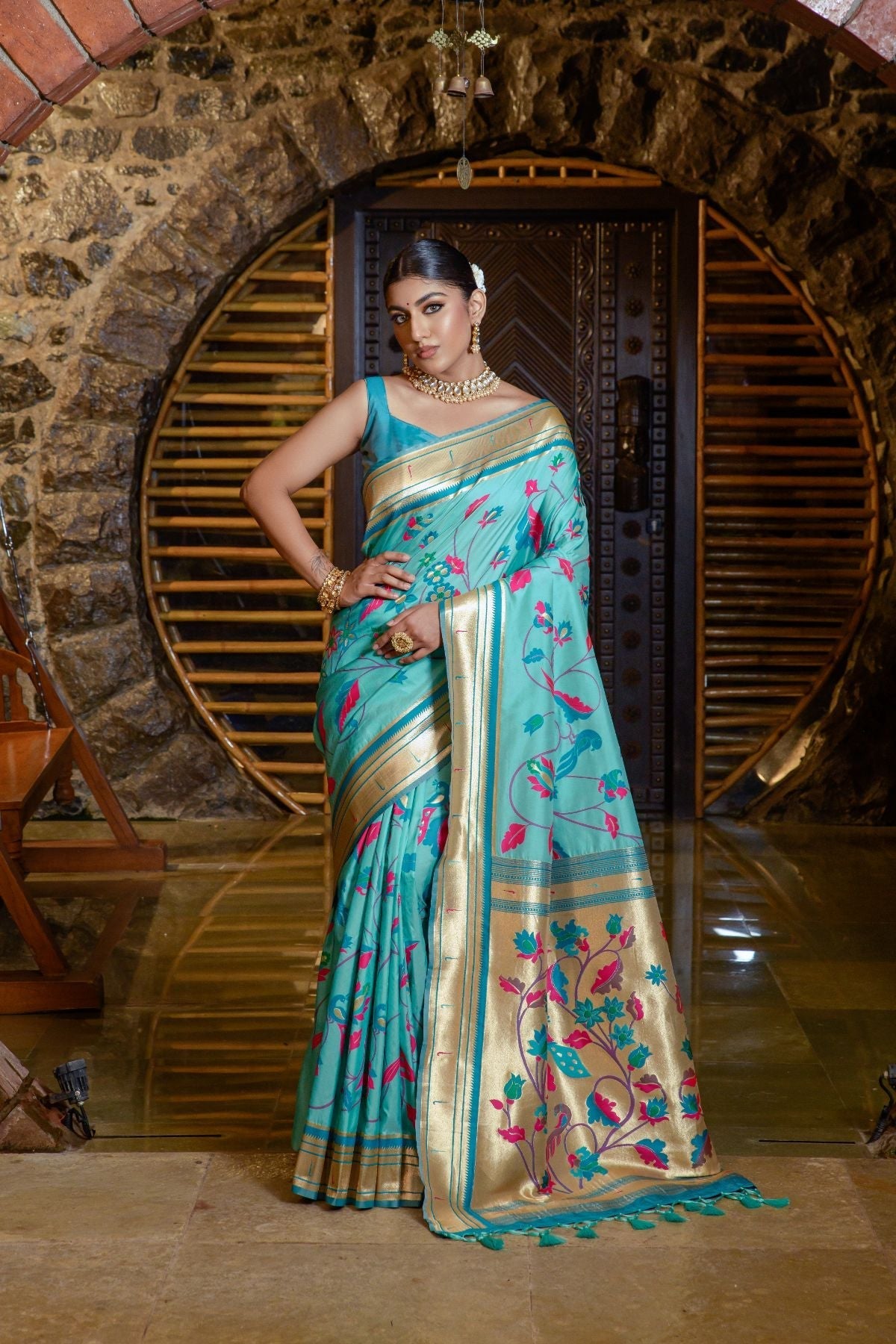 Morning Glory Blue Banarasi Paithani Silk Saree