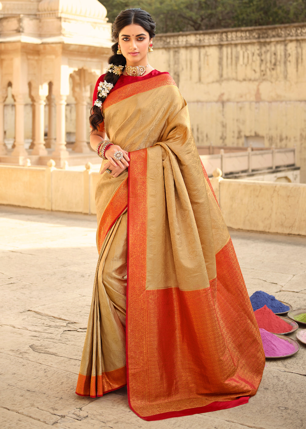 Salomie Cream and Red Zari Woven Kanjivaram Saree