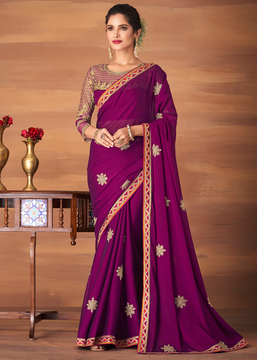 Camelot Purple Designer Saree with Embroidered Blouse