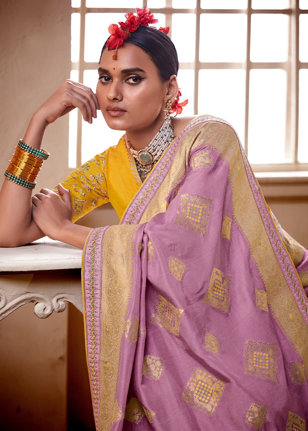 Shocking Purple and Yellow Banarasi Saree with Designer Blouse