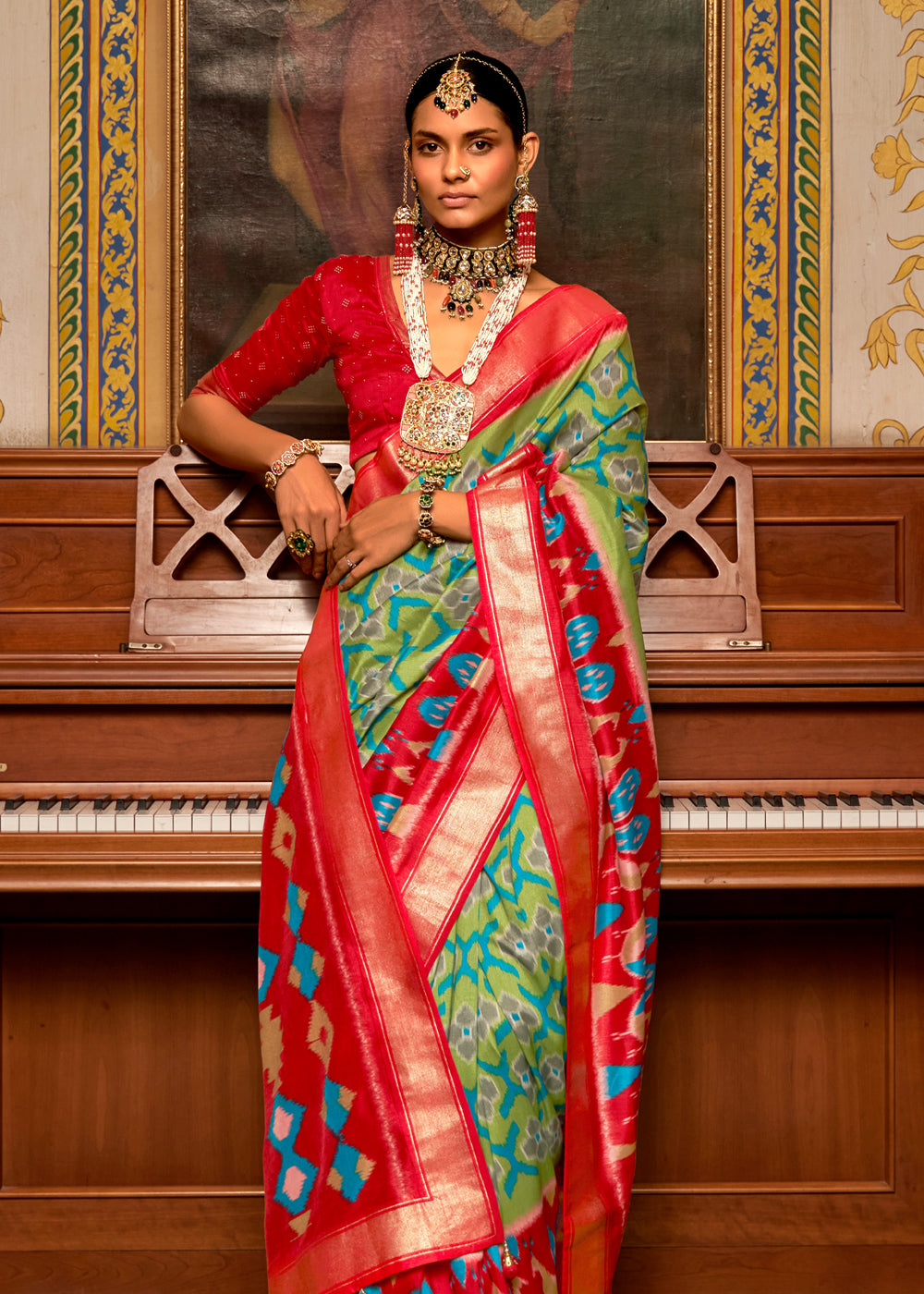 Asparagus Green and Red Patola Silk Saree