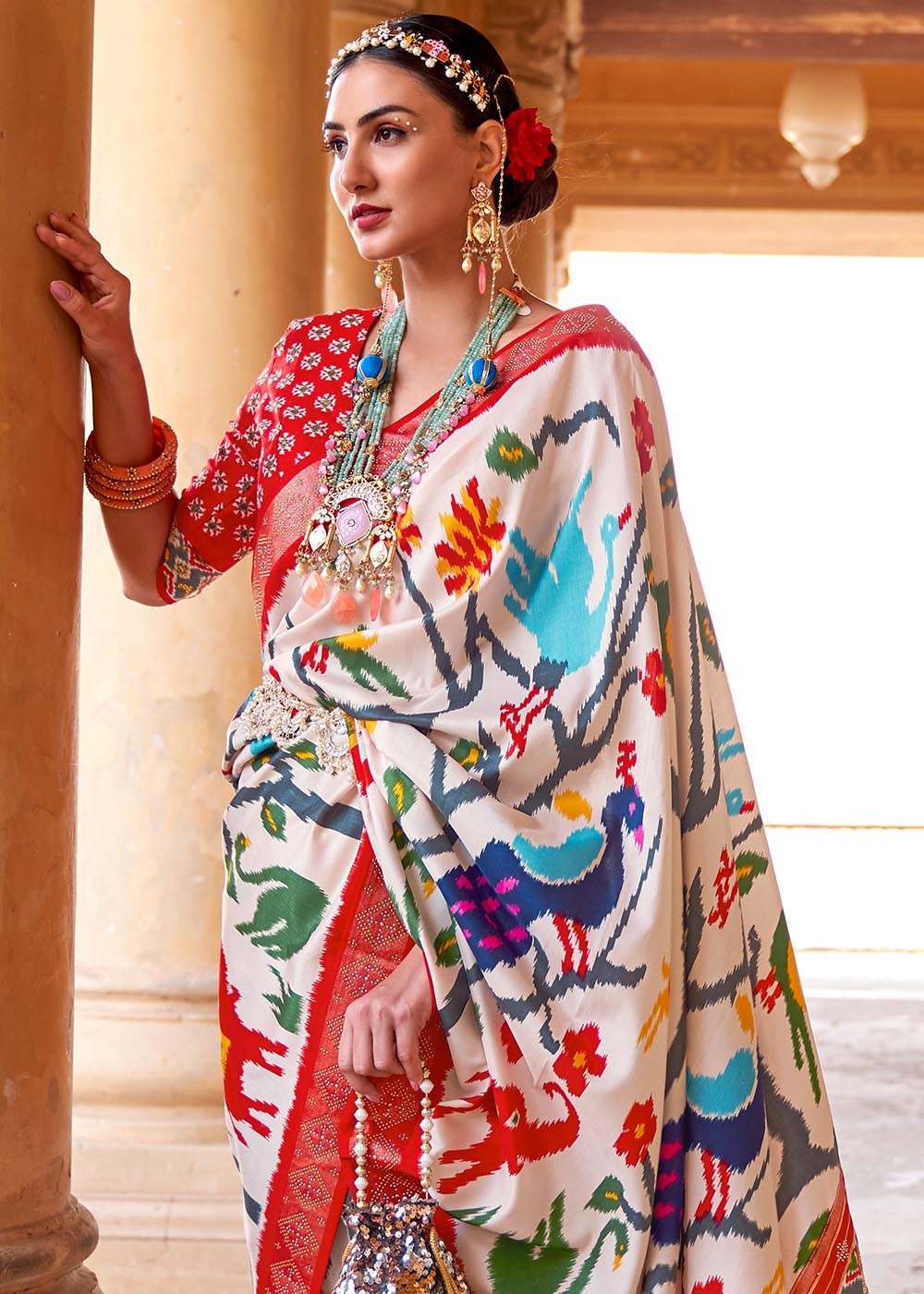 Pearl Bush White and Red Printed Patola Saree