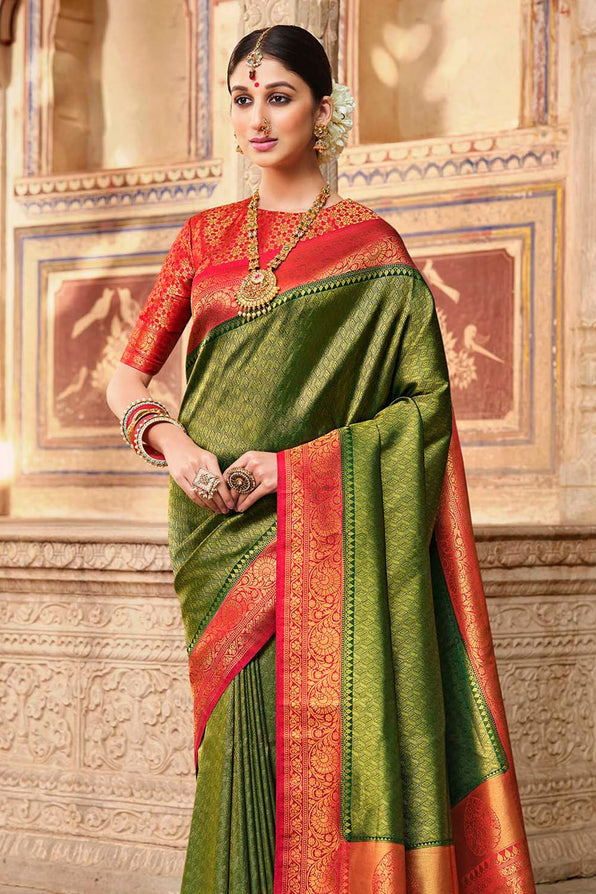 Corn Green and Red Zari Woven Kanjivaram Saree