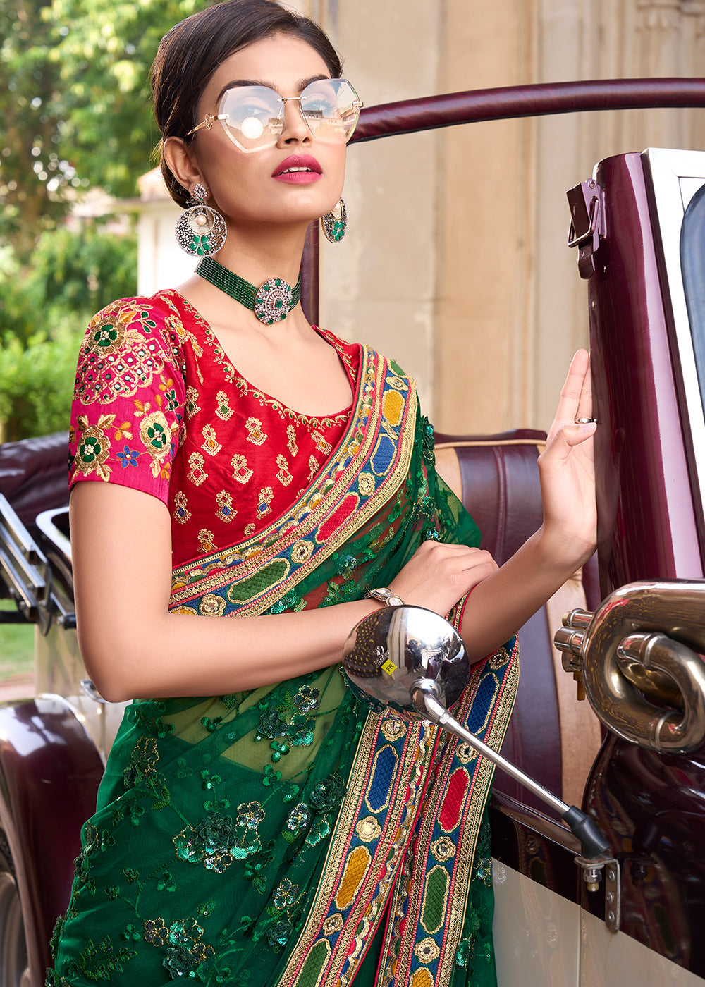 Celtic Green and Red Designer Silk Saree