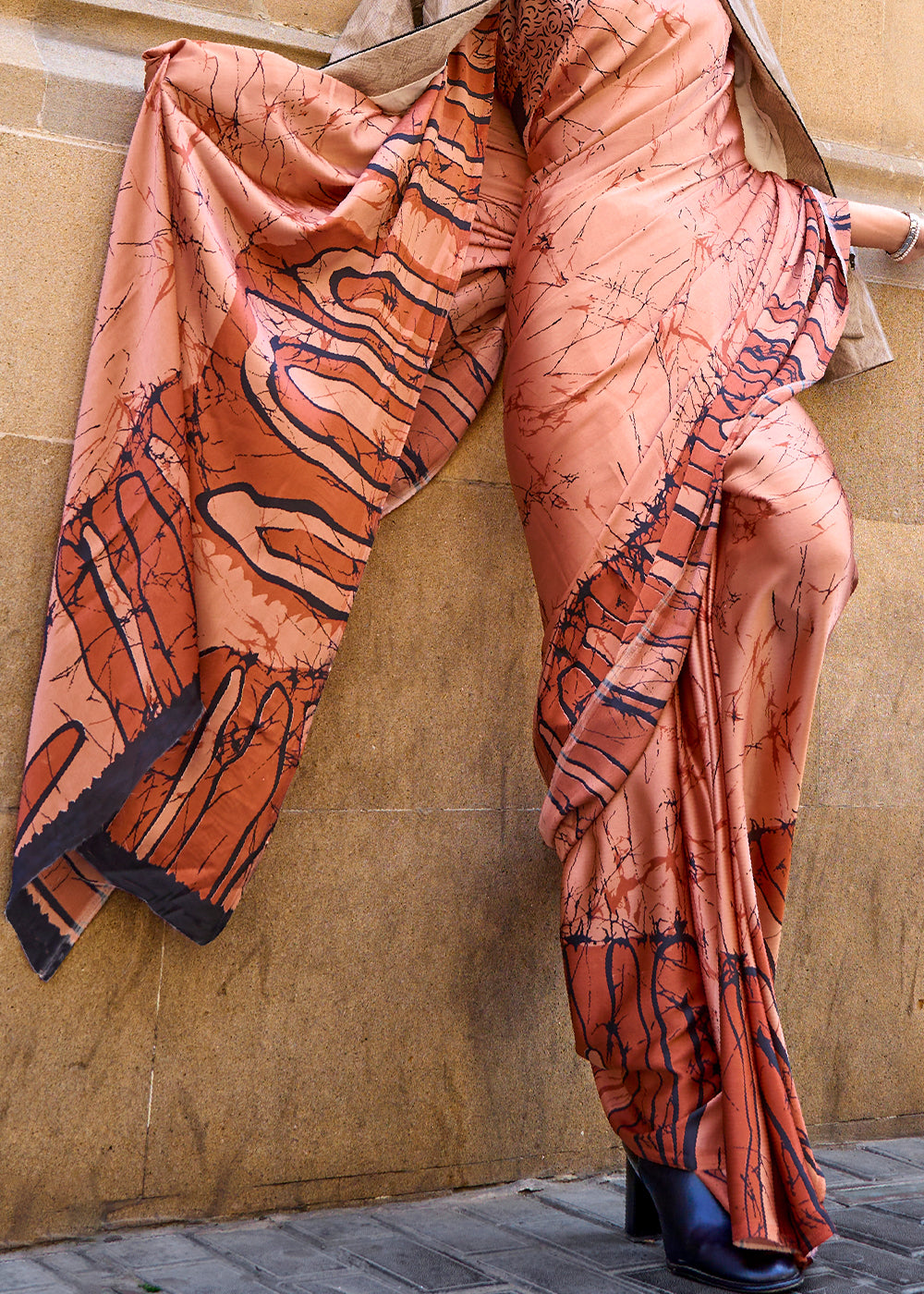 Raw Sienna Brown Printed Satin Crepe Sarees