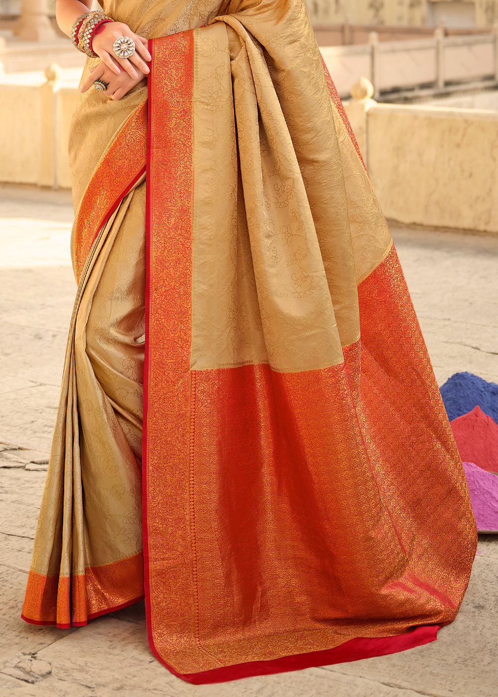 Salomie Cream and Red Zari Woven Kanjivaram Saree