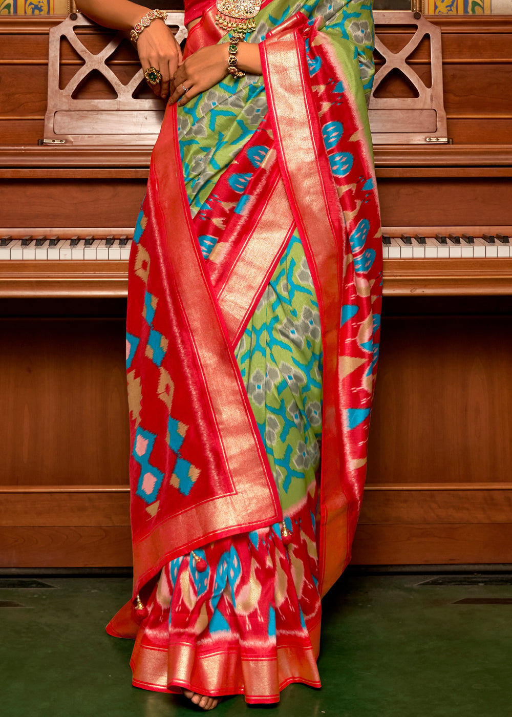 Asparagus Green and Red Patola Silk Saree