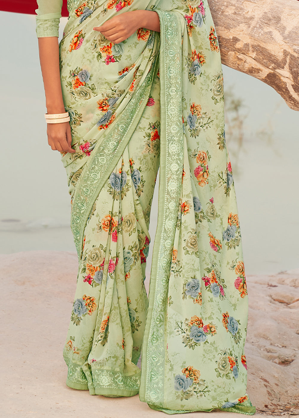 Swamp Green Digital Printed Chiffon Saree