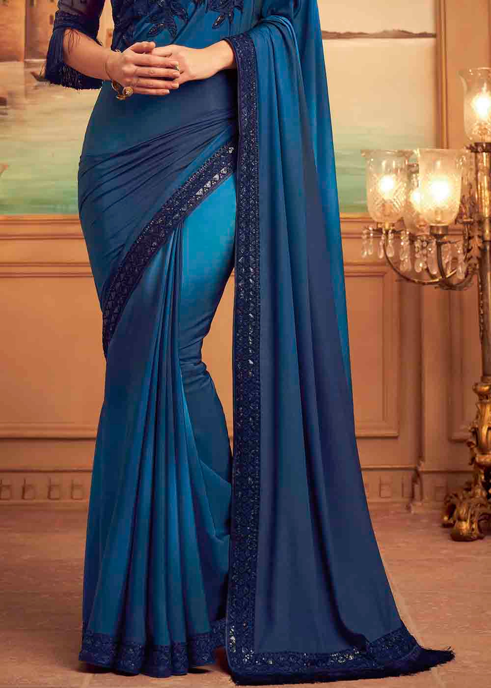 Cello Blue Embroidered Satin Silk Designer Saree