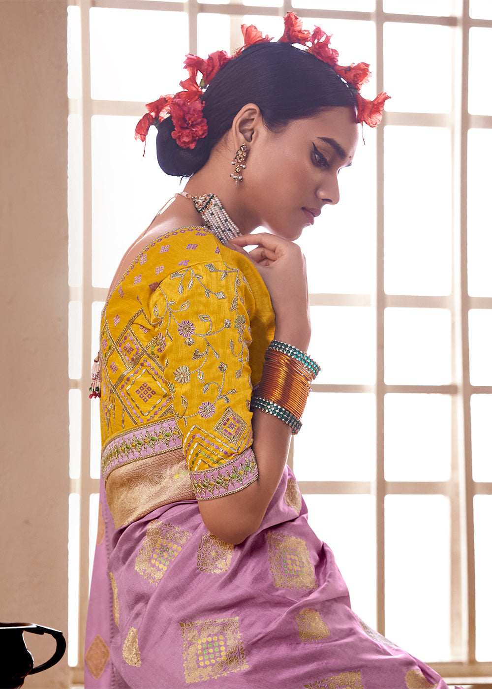 Shocking Purple and Yellow Banarasi Saree with Designer Blouse