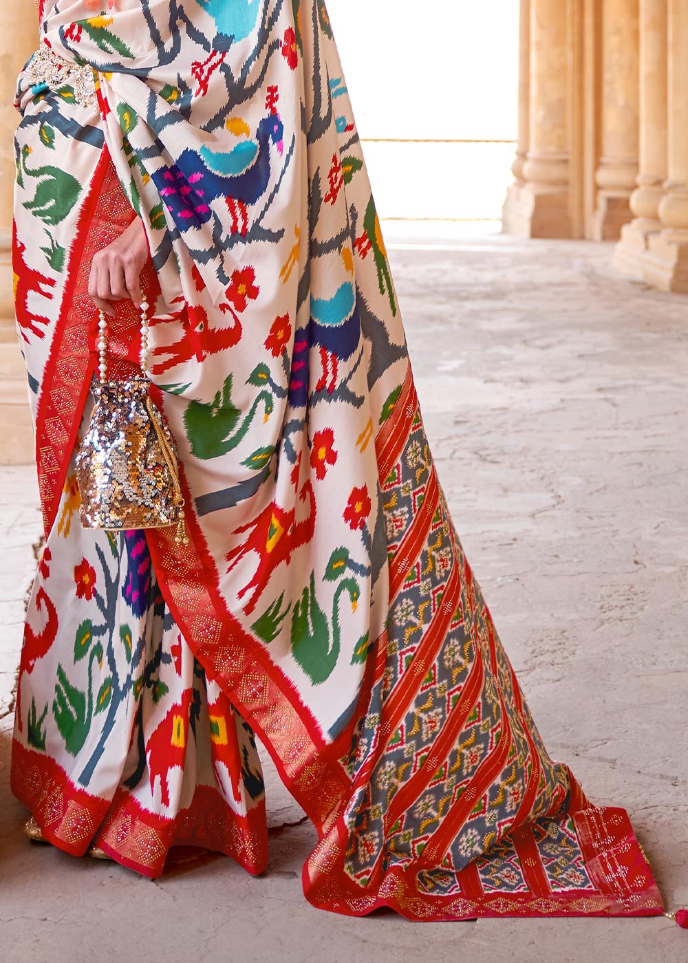 Pearl Bush White and Red Printed Patola Saree