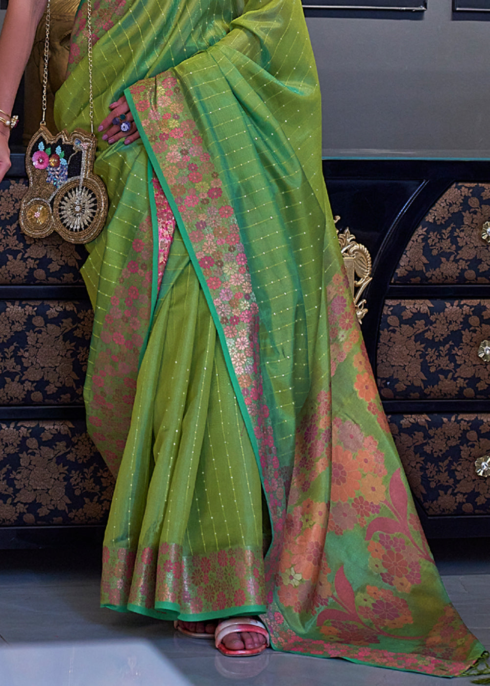 Olivine Green Woven Dual Tone Organza Banarasi Silk Saree