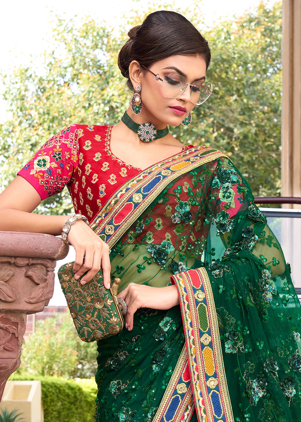 Celtic Green and Red Designer Silk Saree