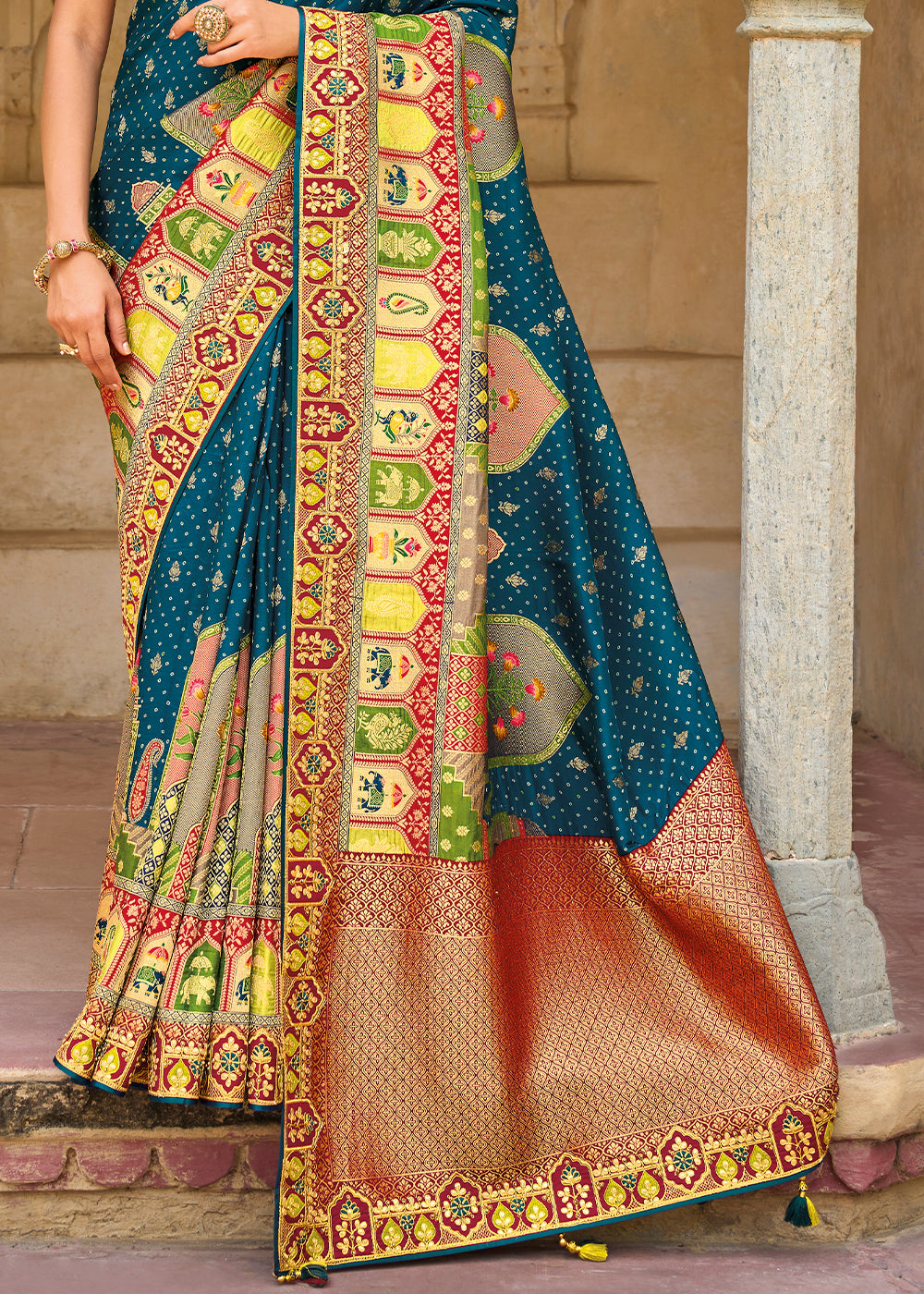 Midnight Blue and Red Embroidered Dola Silk Saree